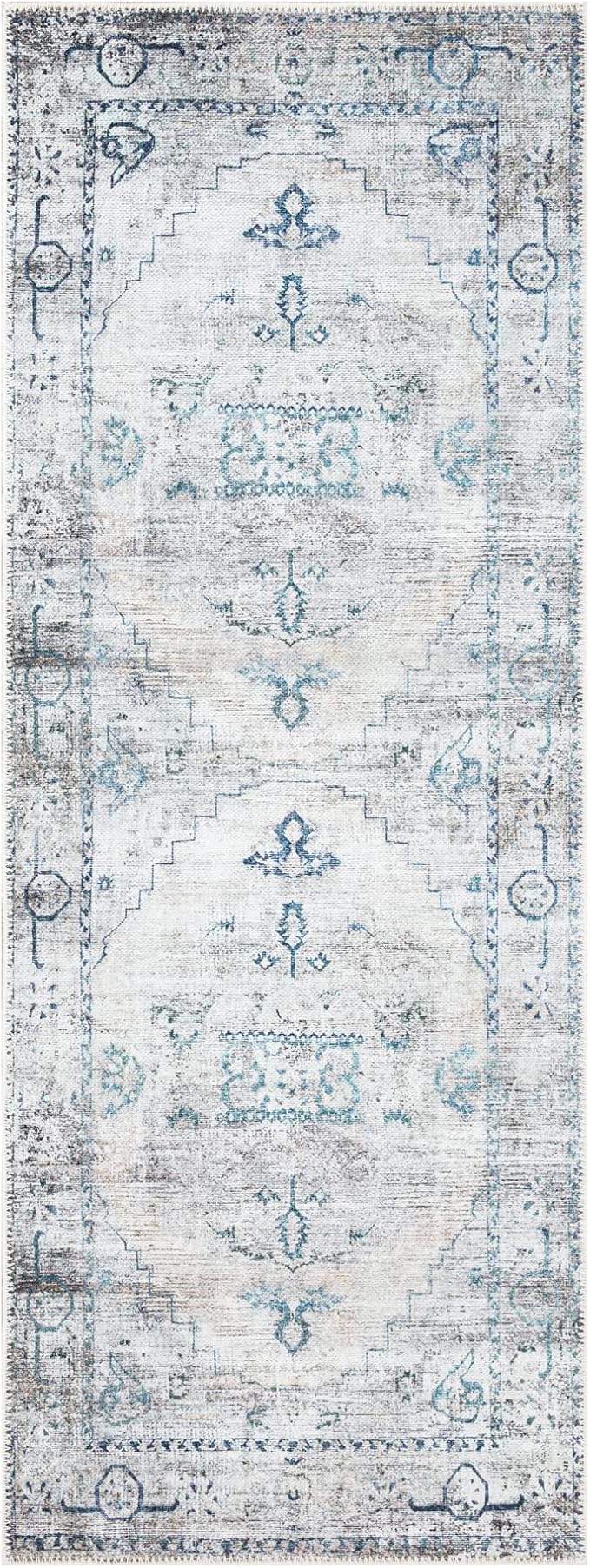 Bloom Rugs Washable Non-Slip 12 ft Runner - Teal/Beige Traditional Runner for Entryway, Hallway, Bathroom, and Kitchen - Exact Size: 2.5' x 12'