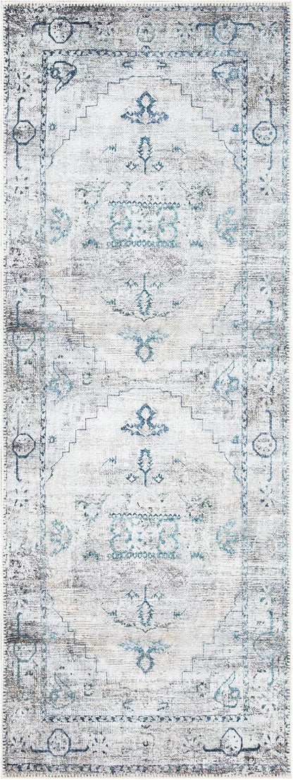 Bloom Rugs Washable Non-Slip 12 ft Runner - Teal/Beige Traditional Runner for Entryway, Hallway, Bathroom, and Kitchen - Exact Size: 2.5' x 12'