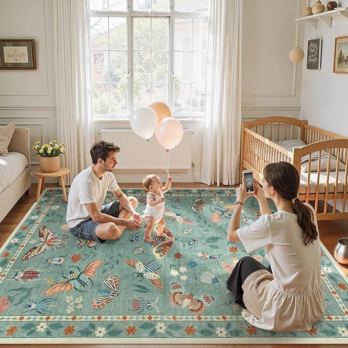 Lahome Insect Washable Rugs for Living Room, Soft 6x9 Area Rugs for Bedroom, Ultra-Thin Non Slip Green Area Rug Stain Resistant Throw Carpet for Dining Room Office Vionnet(6'x9',Green)