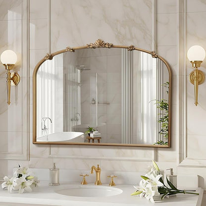 Besdomus Large Vintage Gold Mirror: 40"x29" Traditional Ornate Antique Arched Mirror - French Baroque Decorative for Wall/Mantel/Bedroom/Entryway/Bathroom/Hallway - Home Decor for Fashion-Conscious