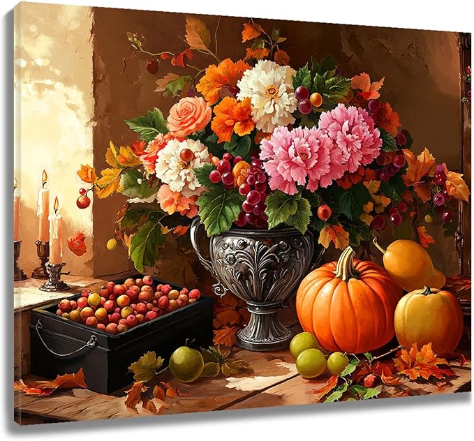 LB Fall Pumpkin Floral Wall Art Vintage Autumn Harvest Fruit Flower Canvas Wall Art Modern Aesthetic Wall Decor for Living Room Bedroom Restaurant Home Decoration Framed Ready to Hang 16L x 20W