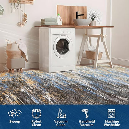 ROYHOME Washable Rug 5x7 Abstract Area Rug for Living Room, Non Slip Foldable Soft Rugs for Bedroom, Stain Resistant Rugs Modern Fuzzy Rug, Indoor Floor Carpet for Entryway Home, Blue/Brown