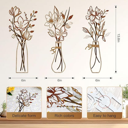 Zzbakress 3 Pcs Metal Flowers Wall Arts Rustic Farmhouse Decor Bathroom Wall Decor Metal Wall Decor for Living-room Dining-Room Kitchen Minimalist Decor Housewarming Gifts(Light Brown)