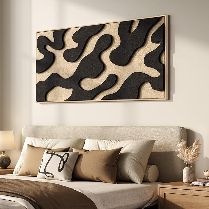 Large Framed 3D Abstract Wall Art for Living Room, Horizontal Black and Beige Textured Paintings Artwork for Walls, Neutral Modern Pictures for Bedroom Dining Room Home Office Wall Decor, 60x30 In