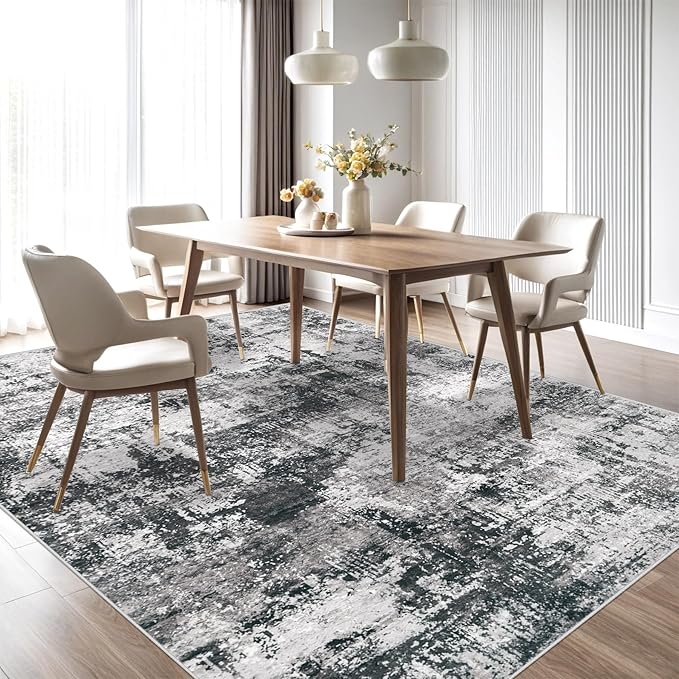 8x10 Area Rug for Living Room: Washable Abstract Soft Rugs Non Slip Modern Stain Resistant Low Pile Carpet for Dining Room Bedroom Nursery Office (Black Grey, 8'x10')