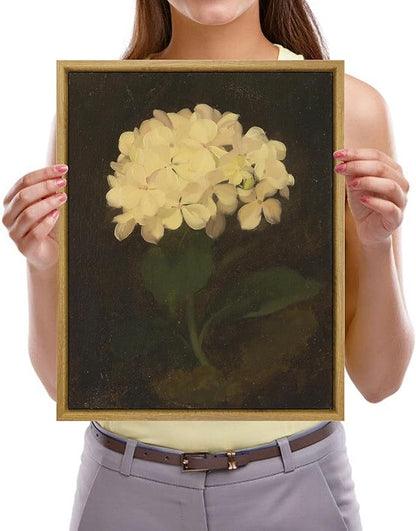 Pyradecor Vintage Retro Framed Wall Art White Hydrangea Oil Painting Canvas Prints Mid Century Living Room Decor for Farm House Bedroom Decorations