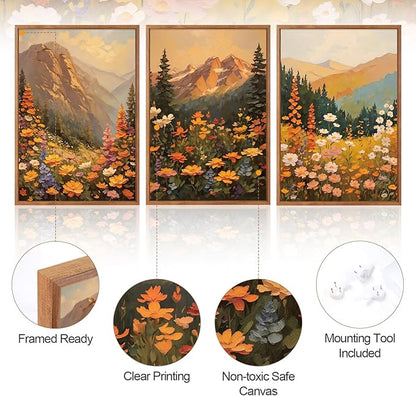 Aurlan Boho Mountain Sunset Landscape Framed Wall Art(16"x24"), 3PCS Large Wildflowers Meadow Canvas Artwork, Colorful Abstract Watercolor Nature Forest Scenery Decor for Home Office Bedroom