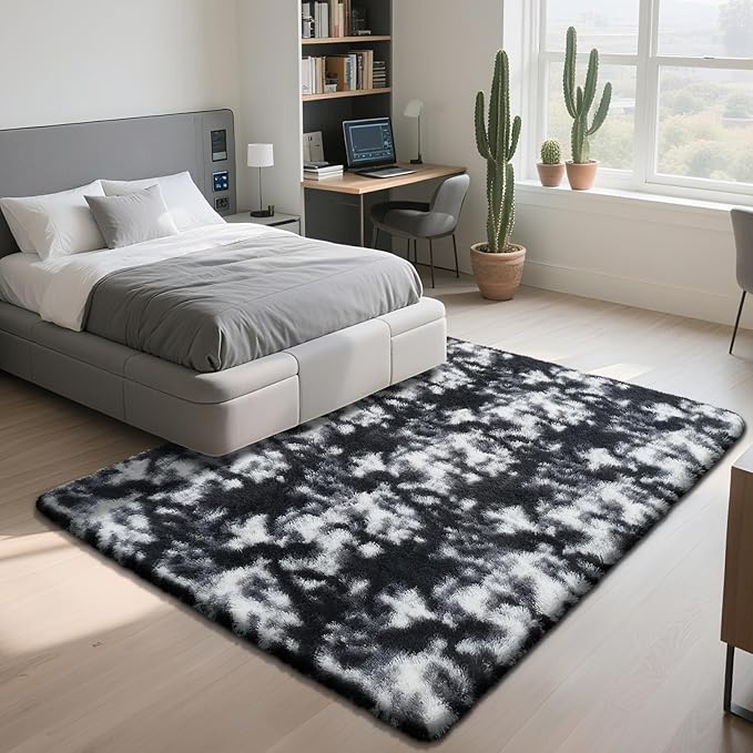Fluffy Rug Shag Area Rug, Mottling Black 3x5 Area Rugs for Bedroom, Small Bedside Rug, Soft Fluffy Shag Entryway Throw Rugs for Living Room Bedroom Kids Room Home Decor