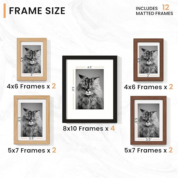 Venusmiles 12 Pack Picture Frames Collage Wall Decor, Gallery Frame Set for Wall Mounting or Tabletop Display, Multi Sizes Including 4pcs 8x10, 4pcs 5x7, 4pcs 4x6, Black+Oak+Walnut