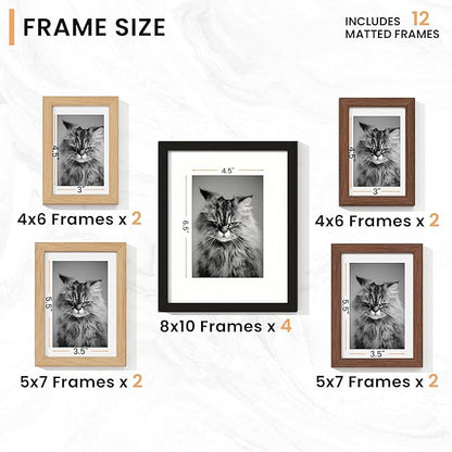 Venusmiles 12 Pack Picture Frames Collage Wall Decor, Gallery Frame Set for Wall Mounting or Tabletop Display, Multi Sizes Including 4pcs 8x10, 4pcs 5x7, 4pcs 4x6, Black+Oak+Walnut