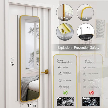 SCWF-GZ 47x14 Mirror Full Body Length Door Hanging/Rope Hang/Wall Mounted Metal Frame Rectangle Mirrors for Bedroom Bathroom Dressing Living Room 47 inch Gold