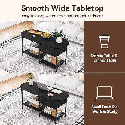 37" Oval Small Coffee Table with Storage,Modern Wood Living Room Center Table for Small Space,Apartment,Home Office,Drawer & Open Shelves,Easy Assembly,Black