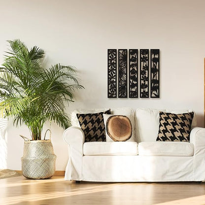 5 Pieces Wooden Wall Art Hollow Wall Decor Wood Wall Accents Themed Wood Panels for Home Decorations Bedroom Living Room, 15.7 x 2.9 x 0.2 Inch (Black, Floral)