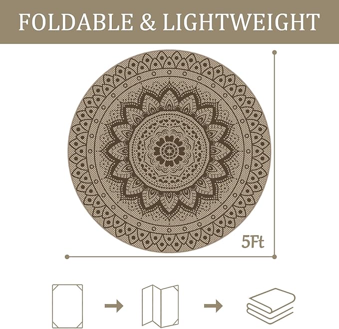 Easy Jute Outdoor Round Rug, 5ft Washable Indoor Outdoor Patio Rug, Brown Non Slip Round Area Rug Farmhouse, Boho Carpet for Backyard Patio
