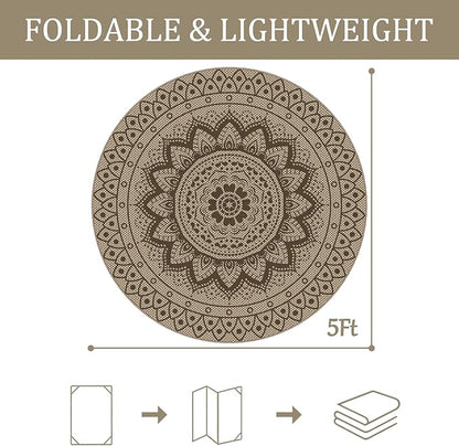 Easy Jute Outdoor Round Rug, 5ft Washable Indoor Outdoor Patio Rug, Brown Non Slip Round Area Rug Farmhouse, Boho Carpet for Backyard Patio