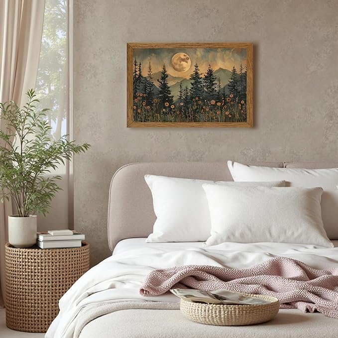 JLTULT Framed Vintage Moon Forest Canvas Wall Art, Moonlight Pine Tree Flower Wall Decor, Woodland Wildflower Picture Prints Artwork for Bedroom Living Room Office Decoration 16x24 inch Easy to Hang