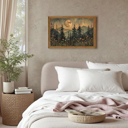 JLTULT Framed Vintage Moon Forest Canvas Wall Art, Moonlight Pine Tree Flower Wall Decor, Woodland Wildflower Picture Prints Artwork for Bedroom Living Room Office Decoration 16x24 inch Easy to Hang