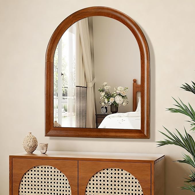 Tanmicoshomy Brown Wood Framed Arched Bathroom Mirror 30x36 Inch, Wall Mirrors with Tempered Glass for Living Room, Bedroom or Entryway
