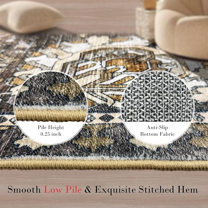 RUGSURE Washable Area Rugs - Perfect for Living Room, Bedroom, Kids Room, Nursery - Stain & Water Resistant Non-Slip, Pet & Child Friendly, Vintage Tribal Area Rugs (Ivory, 2'6'' x 8')