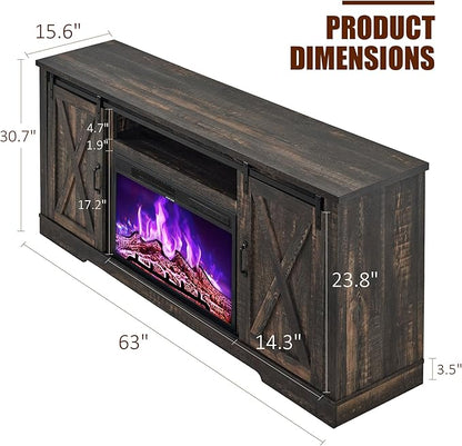 AMERLIFE Fireplace TV Stand with Sliding Barn Door for TVs up to 73", Farmhouse 63" Fireplace Entertainment Center with Storage Cabinets/Adjustable Shelves, Dark Rustic Oak