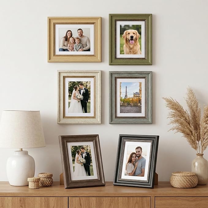 POZEAN 5x7 Picture Frames Set of 6 with Mat for 4x6 Photos, 5 x 7 Frames for Pictures – Vintage Multi Color Photo Frames with Gold Trim, Shatterproof HD Plastic Cover for Wall & Tabletop Display Home Decor