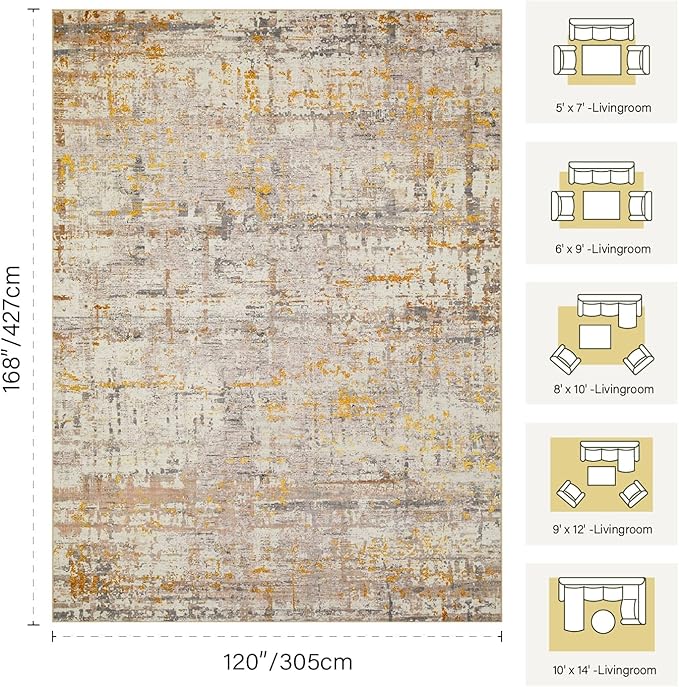 Rugxara 10x14 Extra Large Washable Area Rug, Soft Abstract Vintage Rug for Living Room, Bedroom, Office, Farmhouse, Low Pile Imitation Wool Non Slip Carpet Ideal for High-Traffic Areas, Beige Gold
