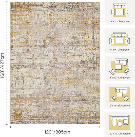 Rugxara 10x14 Extra Large Washable Area Rug, Soft Abstract Vintage Rug for Living Room, Bedroom, Office, Farmhouse, Low Pile Imitation Wool Non Slip Carpet Ideal for High-Traffic Areas, Beige Gold
