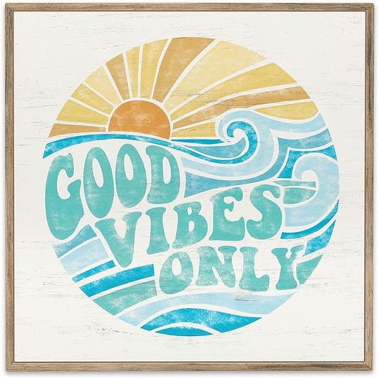 Open Road Brands Good Vibes Only Wall Art - Retro Beachy Wood Wall Decor for Living Room, Sunroom or Bathroom