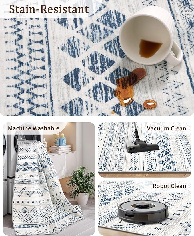 Miukiki 8x10 Area Rug for Living Room Moroccan Washable Rugs Non Slip Indoor Floor Carpet Foldable Large Soft Area Rug for Dining Room Bedroom with Low Pile(Blue,8'x10')