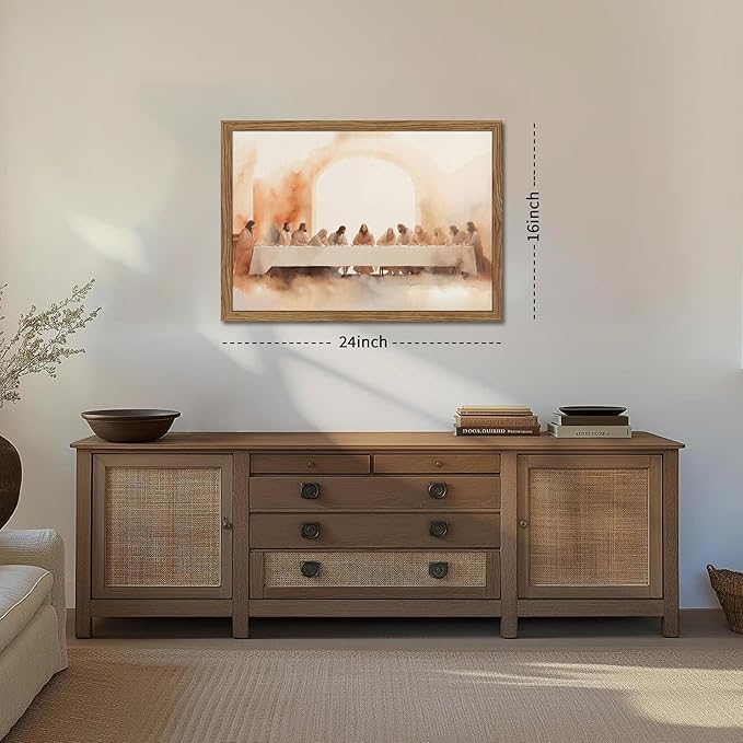 Wood Framed Jesus Last Supper Canvas Wall Art, Leonardo da Vinci Pictures Canvas Print Posters Wall Decor, Christian Wall Art Home Decor for Living Room Dining Room Decor 16x24 inch
