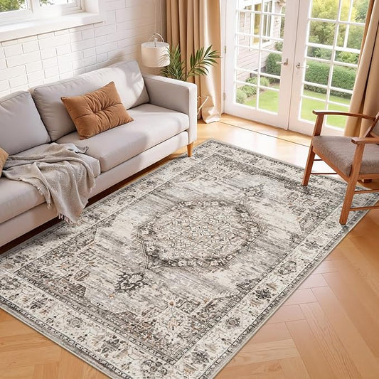 Washable Area Rugs 4x6 Entryway: Soft Ultra Thin Low Pile Mat Machine Washable Indoor Doormat Lightweight Entry Rug Anti Slip Backing Rugs for Living Room Bedroom Kitchen 4'x6' Beige