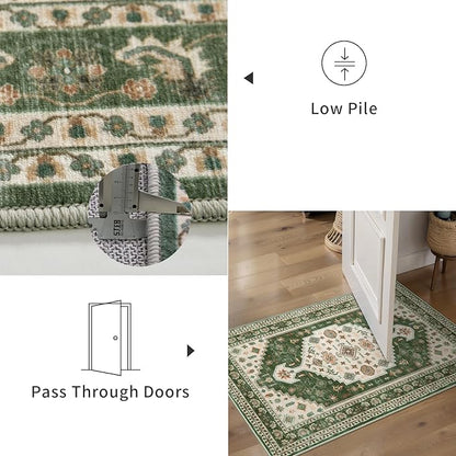 Tangsoo 2.6x10 Washable Runner Rug for Hallways,Vintage Non-Slip Runner Rug Boho Non-Slip Soft Low Pile Long Indoor Rug Runner Carpet for Kitchen Bedroom Entryway Laundry Green Beige
