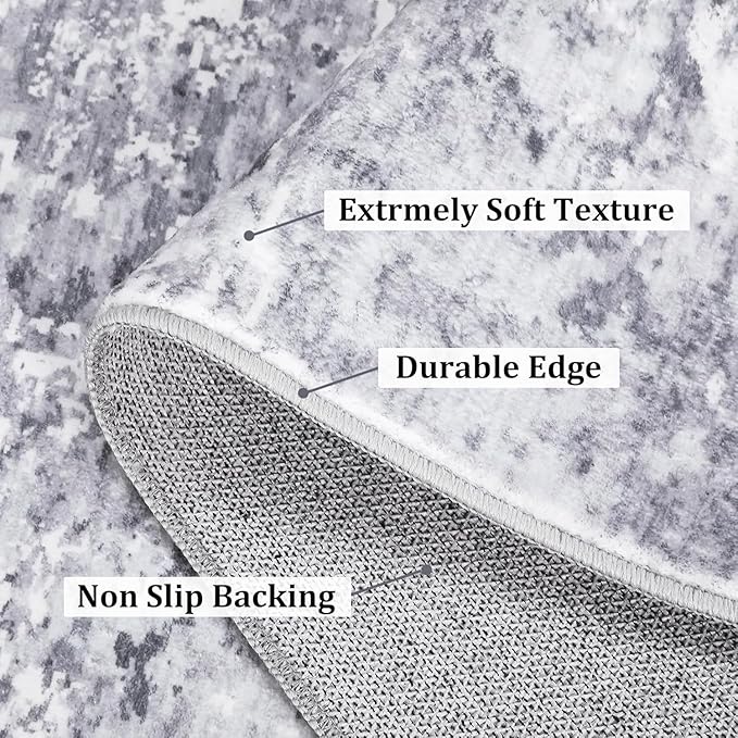 ROYHOME Modern Abstract Runner Rug 2x10 Washable Non Slip Stain Resistant Rug for Bedroom Living Room Non Shedding Low Pile Indoor Floor Cover,Light Grey