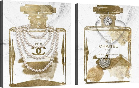 2 Pieces Vintage Perfume Bottle Wall Art Gold Canvas Pictures Wall Decor Modern Luxury Fashion Posters Print Glam Artwork Picture for Bedroom Make up Room Home Decor 12"x16"(30x40cm)