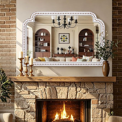 HOITUZYUS 24x36 Inch Farmhouse Wooden Wide Wall Mirror with Beaded Decor, Boho Decorative Mirrors for Living Room, Bedroom, Entryway, Fireplace