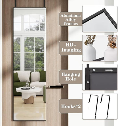 Full Length Door Mirror 14x48, Metal Frame with Protective Film, No-Drilling Hanging or Wall Mount (Horizontal/Vertical), Hooks & Hardware Included, Full Body Mirror for Bedroom, Dorm, Black