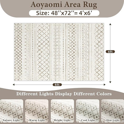 Area Rug 4x6 Geometric Rug: Washable Boho Moroccan Rugs Soft Farmhouse Rug, Modern Neutral Stain Resistant Indoor Floor Carpet for Livingroom Bedroom Dining Table Nursery(Brown,4X6)