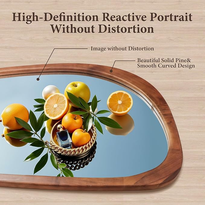 22‘’x48'' Asymmetrical Mirror with Wood Frame, Small Irregular Wall Odd Shaped Mid Century Modern Mirror Christmas Decor for Bedroom Living Room Entryway Hall (Wood)
