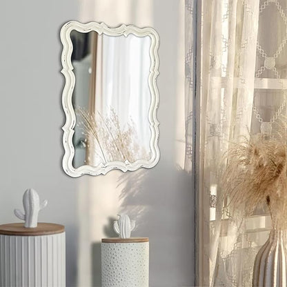 Rustic Scalloped Wall Mirror Decorative 24 X 18 Inch, Hanging Distressed White Wavy Wooden Frame Farmhouse Rectangular Mirrors for Wall Decor Living Room Bathroom, Horizontal or Vertical