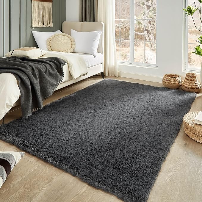 Floralux Bedroom Rugs 6x9, Dark Grey Shag Area Rug, Ultra Soft Fluffy Furry Carpet for Bedroom, Non-Slip Indoor Floor Carpets for Kids Boys Girls Dorm, Nursery, Home Decor Aesthetic