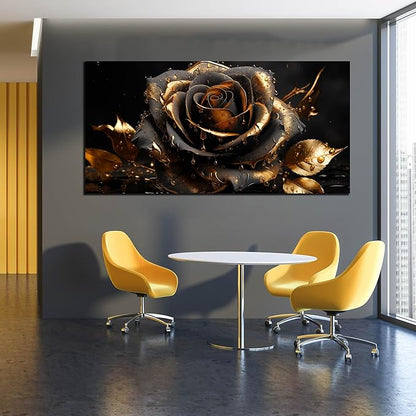 Ouzzlie Rose Picture Art for Living Room Flower Wall Decor Large Black and Gold Wall Art Artwork Floral Canvas Art Home Office 29" x 59"