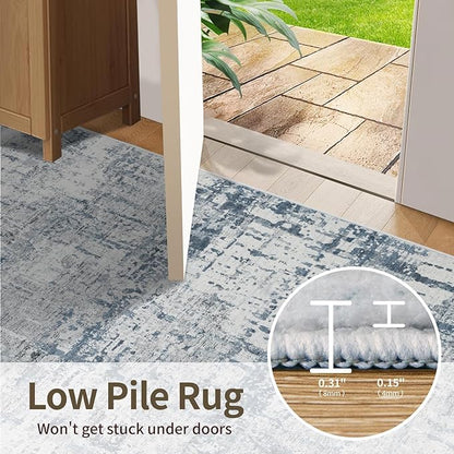 Rugxara 3x5 Washable Entryway Rug, Non Slip Boho Runner Rugs for Hallway, Entrance, Kitchen, Bathroom, Laundry Room, Soft Entryway Carpet, Throw Low Pile Retro Imitation Wool Carpet, Blue Grey