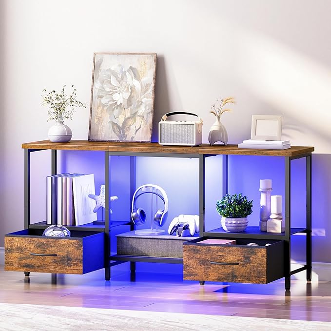 HOOBRO LED TV Stand with Storage, LED Entertainment Center with Open Shelves and Drawer, Fits TVs up to 55", Television Stand for Living Room, Bedroom, Rustic Brown and Black BF123DDS01G1