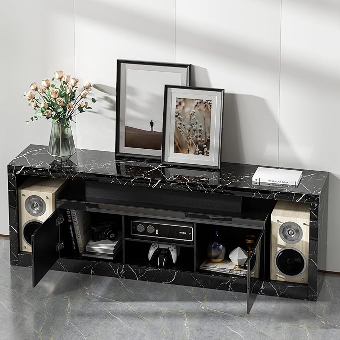70 Inch TV Stand with LED Lights & Power Outlet, Modern Entertainment Center with Color-Changing RGB LED Strip, Sound Sync, App/Remote Control, High Gloss Black Marble Media Console for Living Room