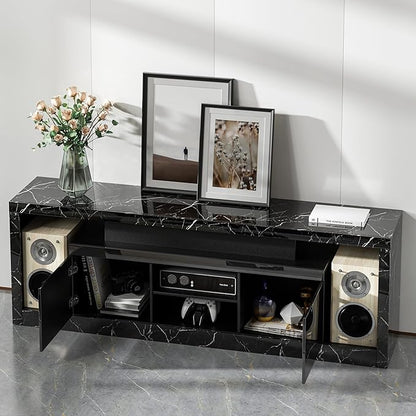 70 Inch TV Stand with LED Lights & Power Outlet, Modern Entertainment Center with Color-Changing RGB LED Strip, Sound Sync, App/Remote Control, High Gloss Black Marble Media Console for Living Room