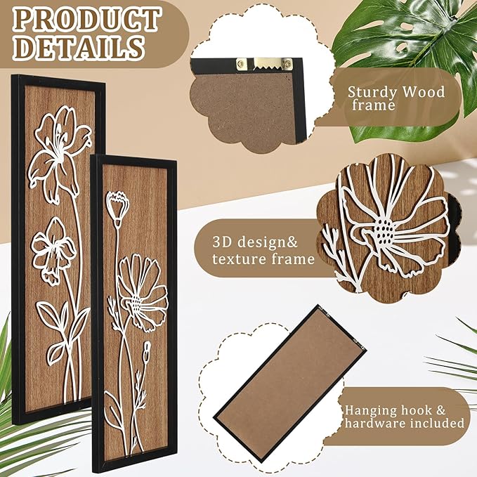 Wesiti 4 Pcs 3D Wooden Floral Wall Decor 16x7inch Lightweight Boho Botanical Flower Framed Wall Art Set for Spring Rustic Farmhouse Home Bathroom Living Room Bedroom Office Decoration