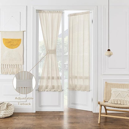 Decorative Door Curtains Light Filtering Drapes Rod Pocket Semi Transparent Natural French Farmhouse 2 Panels Linen Curtains Privacy Added W35 x L72 for Glass Sliding Door