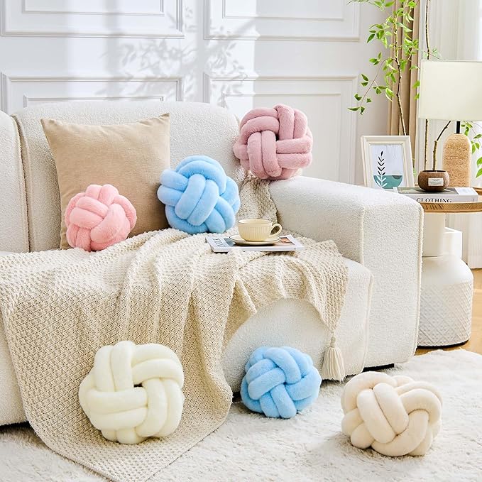 Knot Pillow Ball, Soft Home Decorative Throw Pillows Cushion, Round Changeability Knotted Pillows, Modern Home Handmade Cushions for Bedroom, Sofa, Couch (8 Inch, Blue)
