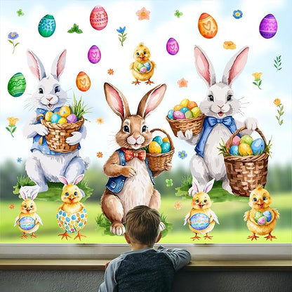 Easter Window Decoration Clings Bunny Decals for Glass Window Double-Side Vintage Bunny Decal Removable Easter Eggs Chick Rabbit Stickers for Living Room Kids Bedroom Nursery Spring Holiday Supplies