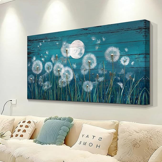 BQVCT Dandelion Moon Wall Art 30x58 Inch Large Gallery Wrapped Canvas Print Teal Blue Rustic Wood Plank Design Modern Celestial Nature Themed Decor for Living Room & Bedroom